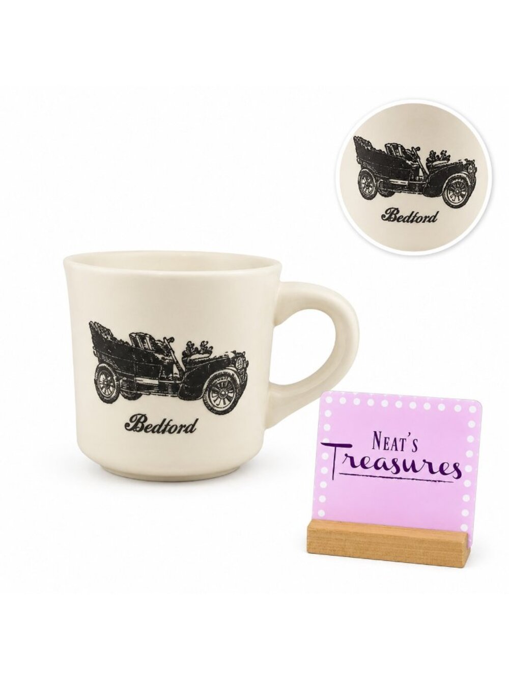 Vintage Bedford Cream Ceramic Antique Car Graphic Unmarked Souvenir Mug